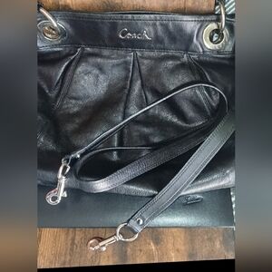 Coach Black Leather Ashley Pleated Shoulder Bag with Removable Strap